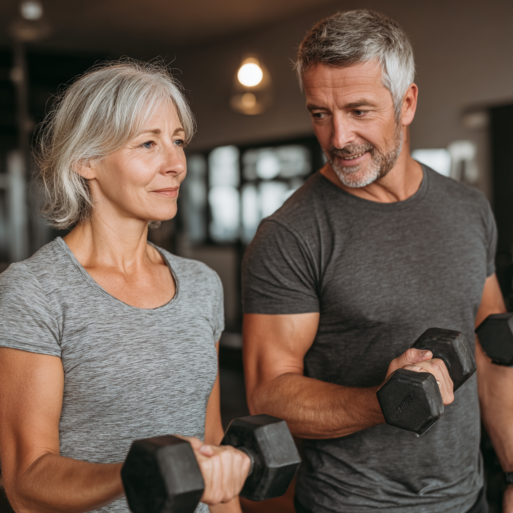 Досвідчений тренер 58 років працює з клієнтом того ж віку, показуючи правильну техніку виконання вправ з гантелями в затишному фітнес-залі